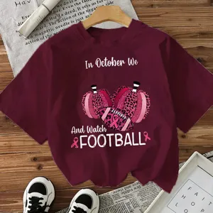 Burgundy short sleeve t-shirt with October football graphic and pink leopard pumpkins for women.