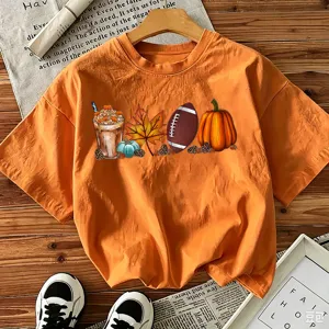Herbst Kürbis Football Druck Kurzarm T-Shirt lässig orange Halloween festliche Oberteile