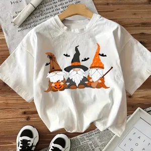 Damen Baumwolle Halloween Gnome Grafik T-Shirt Lässiges Rundhals Kurzarm Top Kürbis Fledermaus Druck Festliche Party Feiertags Kleidung