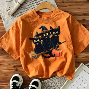 Γυναικείο T-Shirt Κοντό Μανίκι με Στάμπια Μαύρη Γάτα και Κολοκύθα Απόκριες Casual V-Neck Top