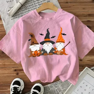 Niedliches Halloween Gnom Grafik rosa Kurzarm T-Shirt für Damen Freizeit Urlaub Party Oberteil