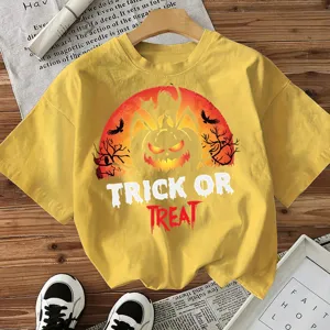 Women's short sleeve Halloween t-shirt, casual round neck top with spooky pumpkin graphic print.