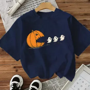 Halloween pumpkin ghost print casual dark blue short sleeve t-shirt for women graphic tee top