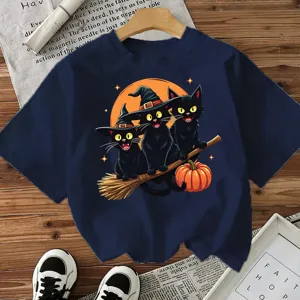 Halloween γυναικείο t-shirt μαύρη γάτα με καπέλο μάγισσας κοντομάνικο γραφικό top.