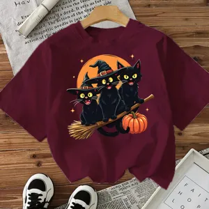 Γυναικείο κοντομάνικο t-shirt Halloween, casual μπλούζα με στρογγυλή λαιμόκοψη και μαύρη γάτα.