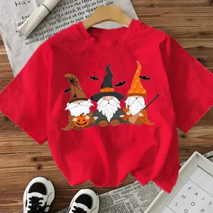Rotes Halloween Wichtel Kurzarm T-Shirt, festliches Hexenhut Grafik Top Damen.