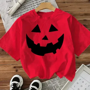 Halloween red short sleeve t-shirt with spooky pumpkin face graphic casual holiday festival top