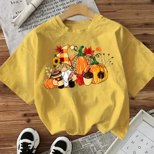 Casual herfst pompoen gnoom print korte mouw gele t-shirt voor vrouwen halloween vakantie kleding