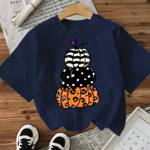 T-shirt à manches courtes imprimé citrouille empilée d'Halloween, haut décontracté pour femme.