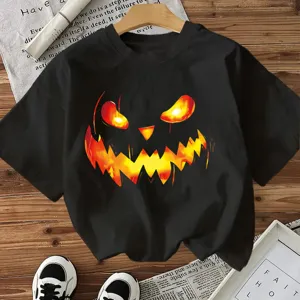 Halloween pumpkin face graphic print short sleeve black t-shirt casual holiday top