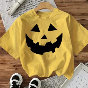 Halloween pumpkin face graphic short sleeve yellow t-shirt for women casual holiday top
