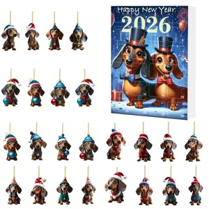 2026 Christmas advent calendar box with cute cartoon dachshund acrylic hanging pendants for holiday gifts.