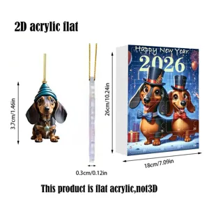 2026 acrylic dachshund advent calendar set with flat ornament and gift box for holiday.