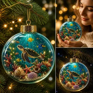Gros plan détaillé d'une décoration de Noël marine avec une tortue miniature et un corail.
