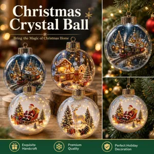 Christmas crystal ball ornament with glowing LED micro landscape for tree decoration and gifts.