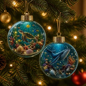 Vue détaillée de boules de Noël lumineuses à thème océan accrochées aux branches du sapin.