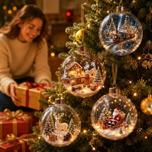 Christmas tree hanging ornaments featuring transparent crystal balls with micro-landscape designs.