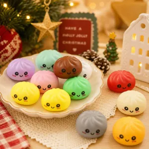 Cute cartoon bun squishy slow rebound decompression toy set, colorful stress relief toys.