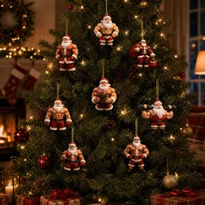 Detailed view of creative muscular Santa Claus Christmas tree hanging ornament for holiday decor.