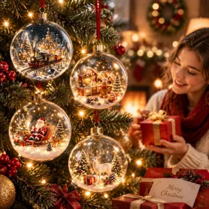 Detailed view of clear Christmas globes with miniature dioramas hanging on a glowing holiday tree.