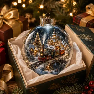 Christmas crystal ball bauble pendant with micro winter train scene, perfect holiday gift decor.