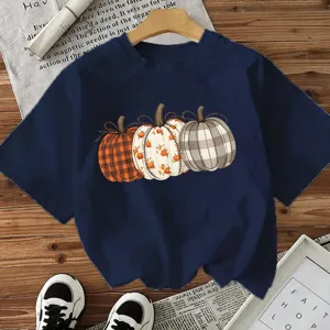 T-shirt à manches courtes et imprimé citrouille d'Halloween haut décontracté bleu foncé automne