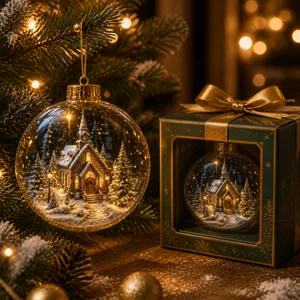 Detailed view of glowing Christmas crystal ball ornament with miniature snowy church inside.