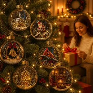 Luminous Christmas crystal ball pendant with vintage 3D acrylic scene for tree decor detail.