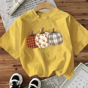 T-shirt à manches courtes imprimé citrouille d'Halloween jaune haut d'automne mode
