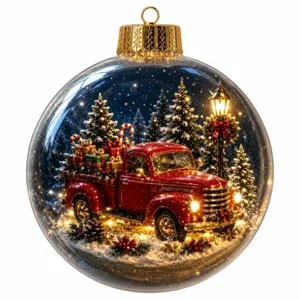 Exquisite Christmas luminous clear ball ornament with vintage 3D truck winter scene inside.