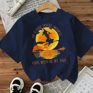 T-shirt femme sorcière d'Halloween, haut décontracté à manches courtes bleu foncé.