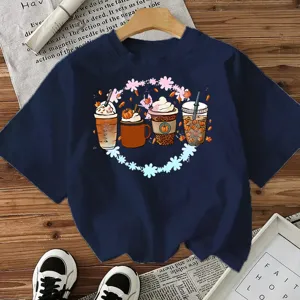 Women casual short sleeve t-shirt with coffee and pumpkin graphic print for casual everyday wear.