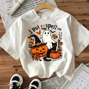 Women's Halloween Pumpkin Ghost Graphic Print Short Sleeve Cotton T-Shirt Casual Loose Crew Neck Top