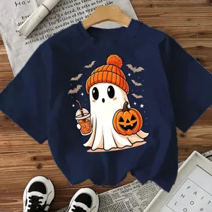 Camiseta de manga corta para mujer con estampado de fantasma de Halloween, top azul.