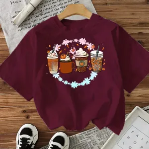 Women Halloween Fall Coffee Pumpkin Graphic Short Sleeve T-Shirt Casual Tee Top