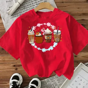 Red short sleeve t-shirt with autumn coffee graphic Halloween festival top for women.