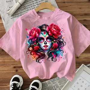 Pink short sleeve graphic t-shirt featuring sugar skull design, perfect for Halloween festival.