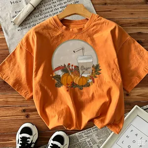 Women Halloween Pumpkin Coffee Graphic Print Short Sleeve Cotton T-Shirt Casual Fall Crew Neck Pullover Top