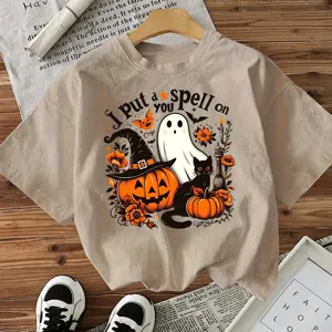 Casual beige Halloween short sleeve t-shirt with spooky graphic print, comfy cotton top.