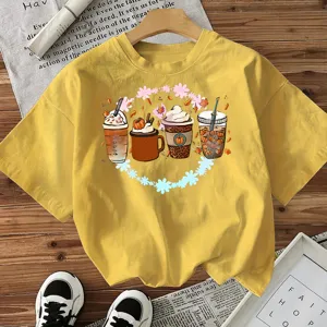 Yellow short sleeve t-shirt featuring cute autumn coffee cup graphic, casual crewneck top.