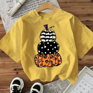 T-Shirt Manches Courtes Halloween Femme Casual Haut Graphique Citrouille Jaune T-Shirt