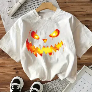 Halloween scary pumpkin print white short sleeve t-shirt casual women holiday top tee