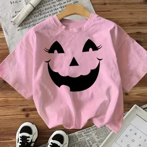 Χαριτωμένο ροζ γυναικείο t-shirt κοντομάνικο με τύπωμα προσώπου κολοκύθας για Χαλοουίν