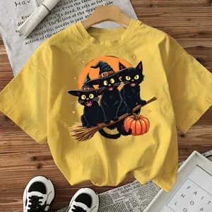 Γυναικείο κίτρινο κοντομάνικο T-shirt Halloween με τύπωμα γάτας casual γιορτινό τοπ