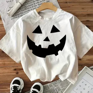 White Halloween pumpkin face short sleeve t-shirt, casual holiday graphic top for women.