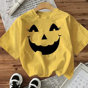 Κίτρινο T-Shirt με Στάμπια Προσώπου Halloween Κολοκύθας για Γυναικεία Εορταστική Ενδυμασία