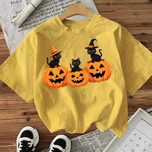 Γυναικείο Halloween T-Shirt Κονtoμάνικo Μαύρη Γάτα Κολοκύθα Γραφικό Κίτρινο Top