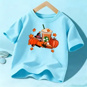 Kids Halloween short sleeve t-shirt casual autumn pumpkin graphic tee top for boys and girls