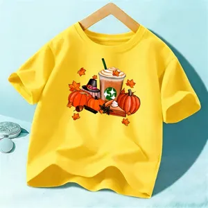 Kids halloween short sleeve t shirt yellow cute pumpkin coffee graphic top children wear