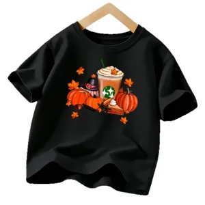 Kids Halloween t-shirt short sleeve black pumpkin coffee cup graphic festive top for boys girls